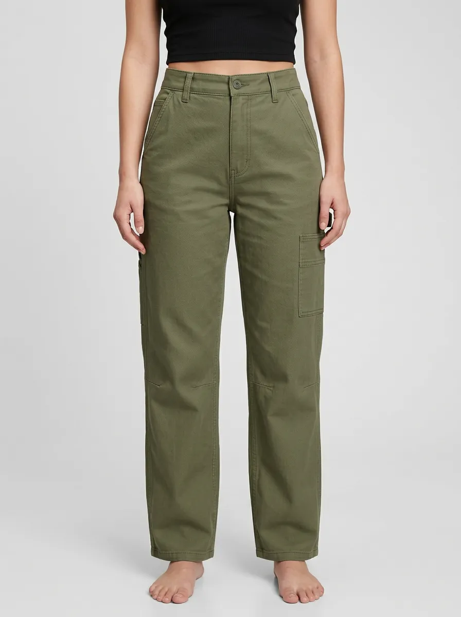 Women's High-Rise Single-Thigh Pocket Button-Flap Pocket Straight-Leg Cargo Pants