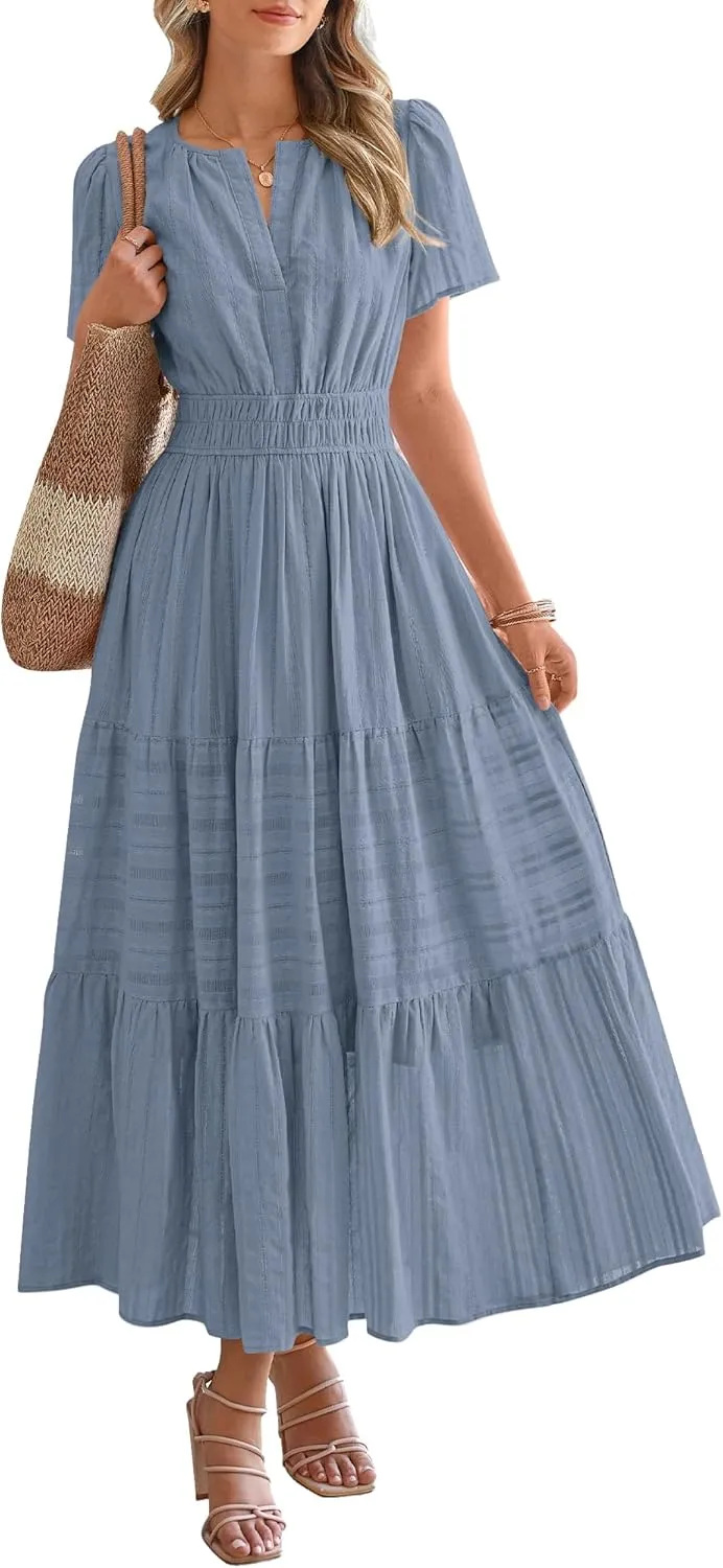 HOT SALE Womens Summer Lightweight Short Sleeve V Casual Midi Maxi Dresses