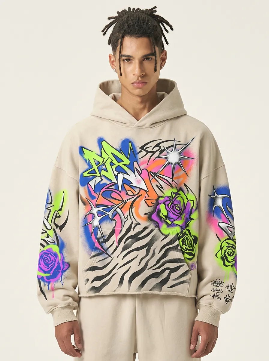Unisex Canvas Graffiti Rose Zebra Graphic Hoodie