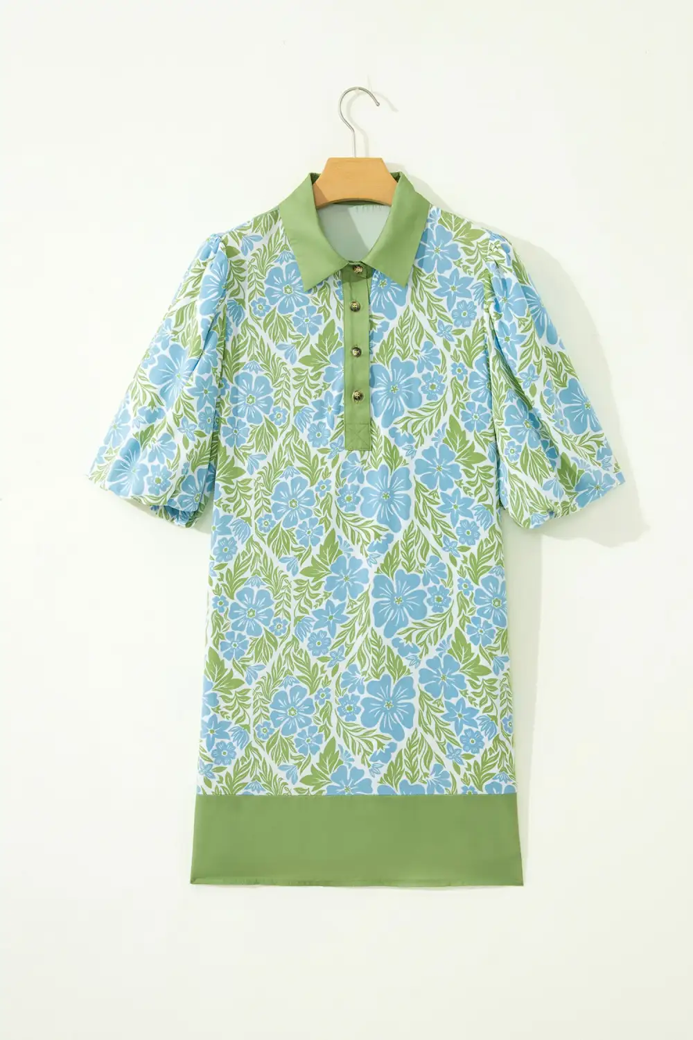 Sky Floral Print Color Block Patchwork Shirt Collar Half Sleeve Mini Dress
