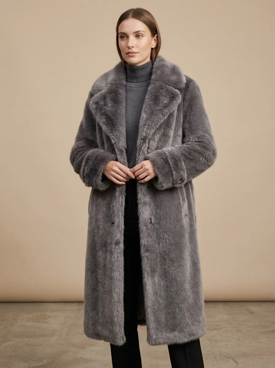 Open Front Faux Fur Long Coat