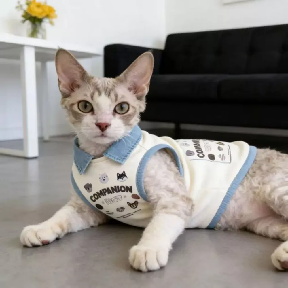 Pet Dog Vest Denim Lapel Sleeveless Shirt Cartoon Dog Face Print Soft Cotton Clothes for Small Medium Puppy Kitten