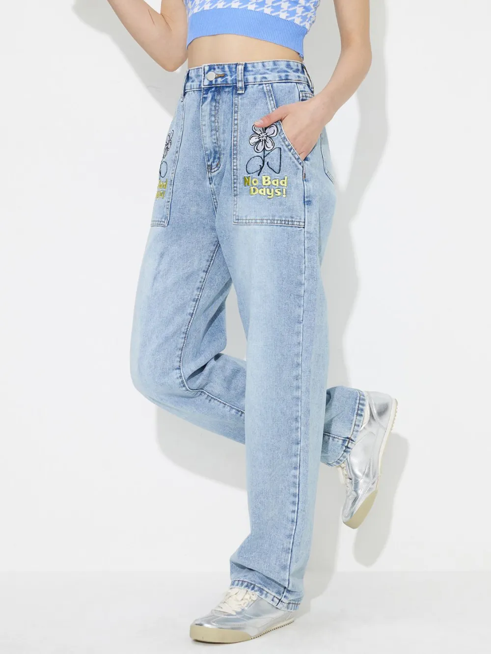 High-Rise Washed Pocketed Stretch Straight Leg Jeans