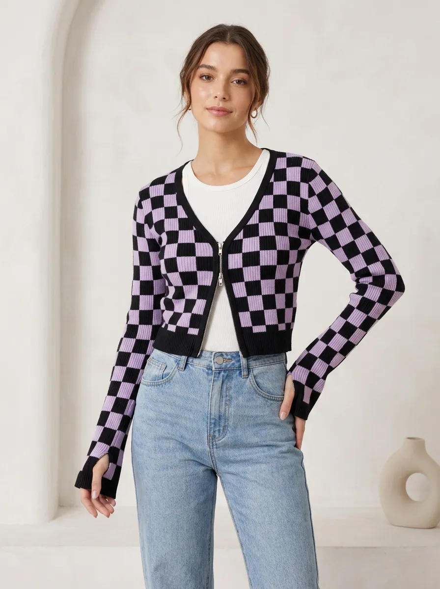 Women's Y2K Aesthetic Purple Black Checkerboard Pattern Zip-up Cardigan