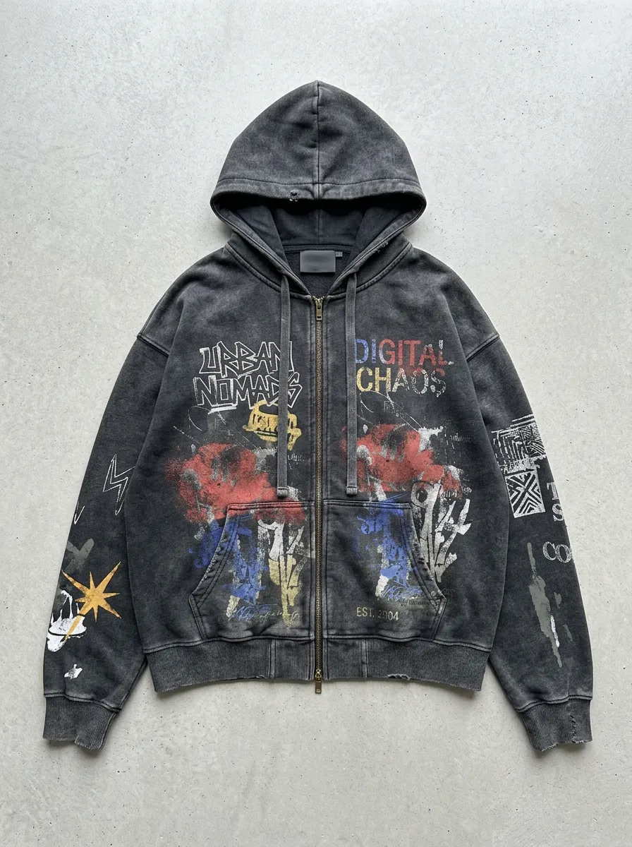 Unisex Streetwear Urban Nomads Digital Chaos Graphic Printed Zip-up Hoodie