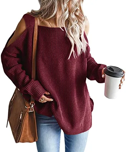Women's Cold Shoulder Oversized Sweaters Batwing Long Sleeve Square Neck Chunky Knit Fall Tunic Sweater Tops