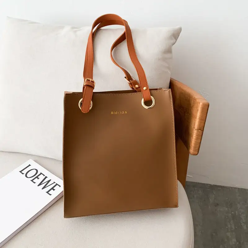 Durable PU Tote Bag Square Vertical Zipper Everyday