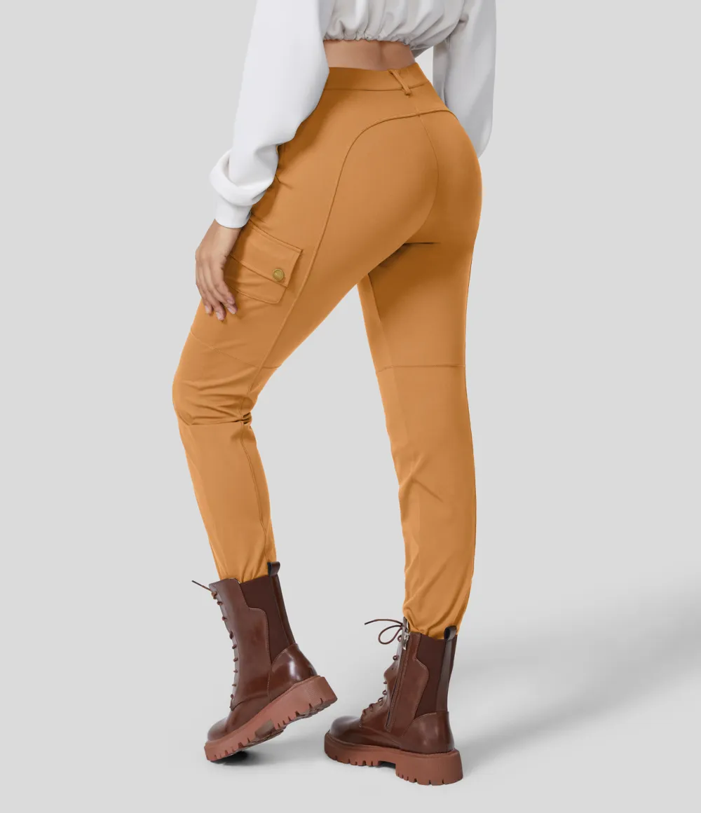 High Waisted Button Zipper Multiple Pockets Solid Skinny Cargo Pants