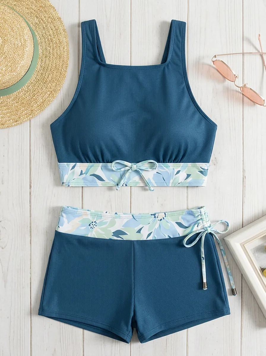 Women's Summer Beach Floral Printed Ribbed Bikini Set Resort Bikini Set