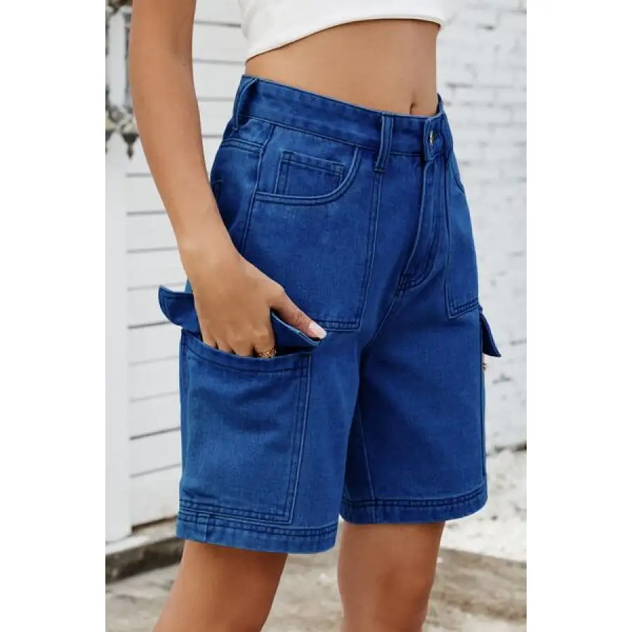 High Rise Pocketed Cargo Denim Shorts