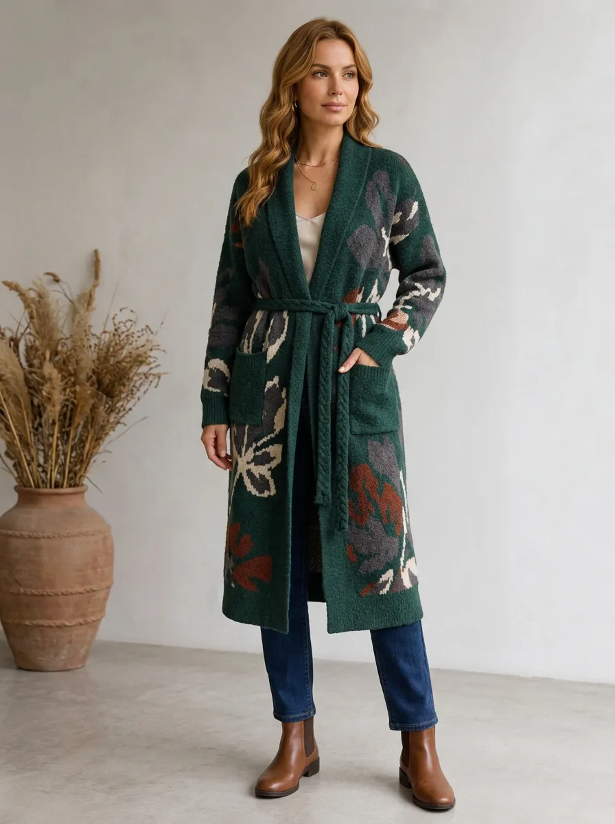 Women's Floral Patterned Green Knitted Belted Cardigan