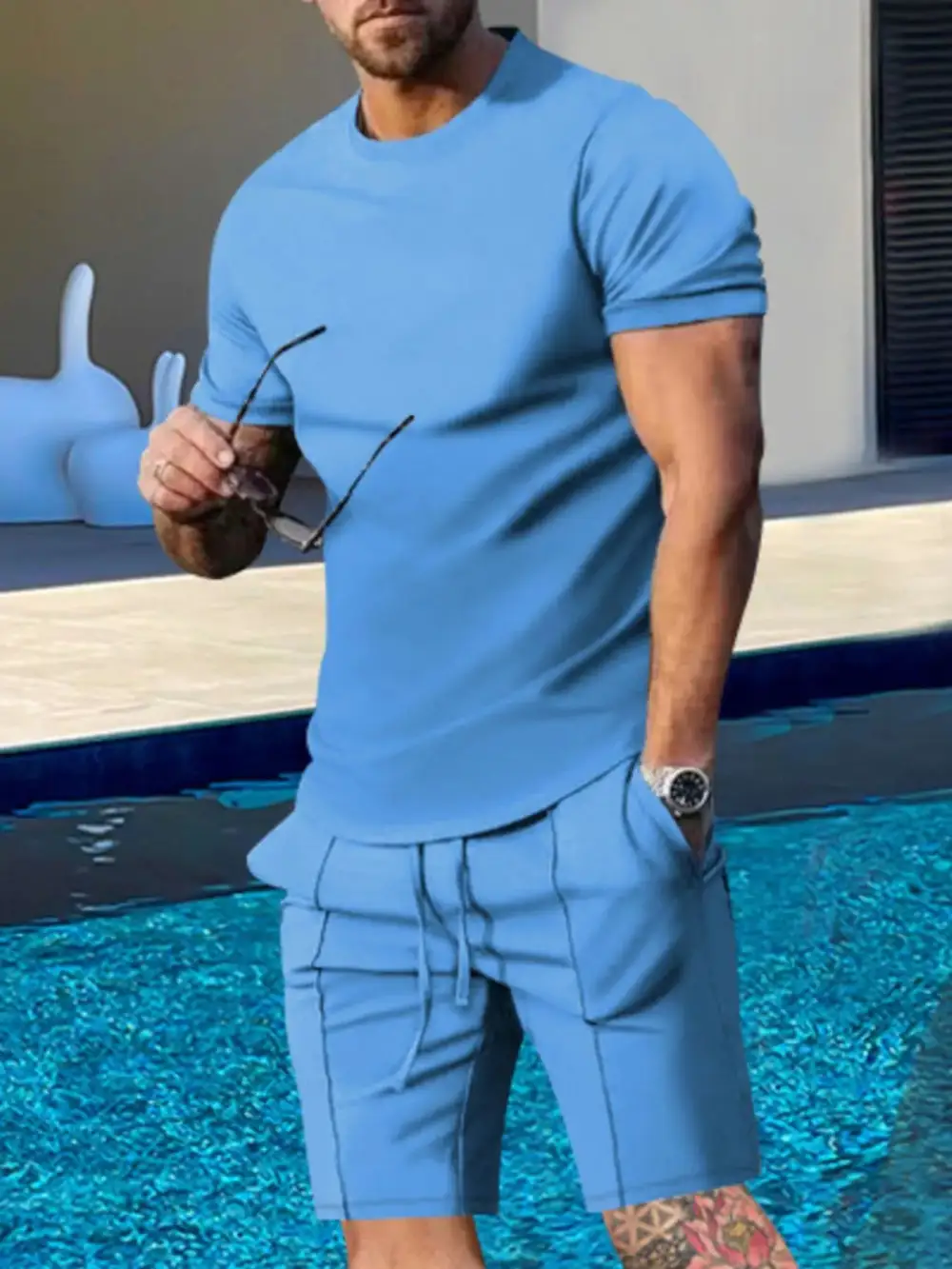 Modern Short Sleeve Round Neck Top And Shorts Set