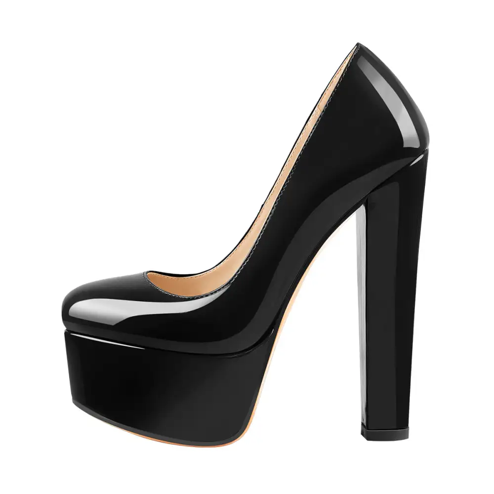 Modern Patent Finish Round Toe Platform Chunky Heel Pumps