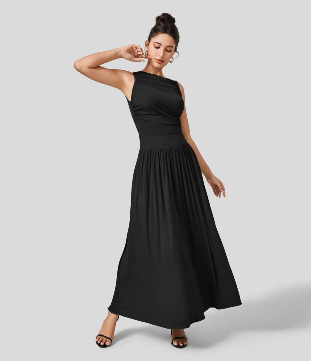 Ribbed Boat Neck Ruched Side Pocket Flowy Maxi Casual Dress