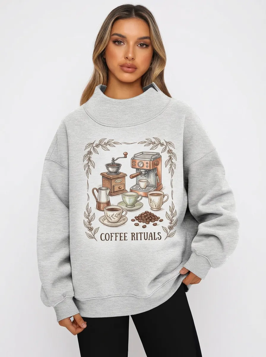 Women's Coffee Lover Coffee Rituals Machine Printed Sweatshirt