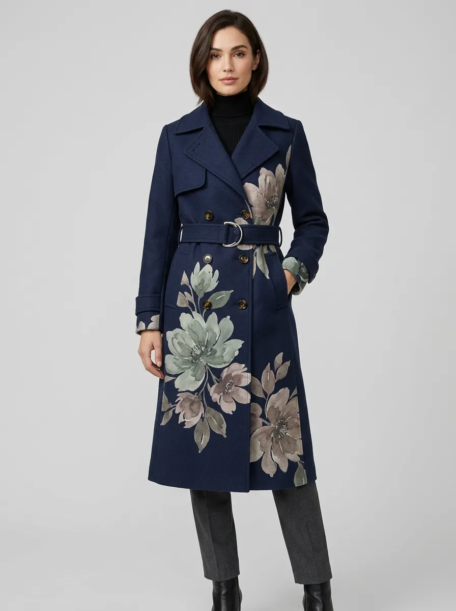 Women's Floral Art Navy Blue Printed Trench Coat