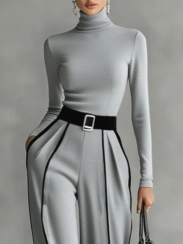 High-neck Top & Wide-leg Pants Set (free Belt)