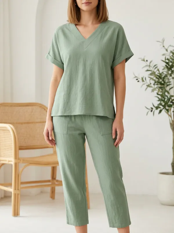 Pleated Minimalist Women's V-Neck Casual Lounge Set