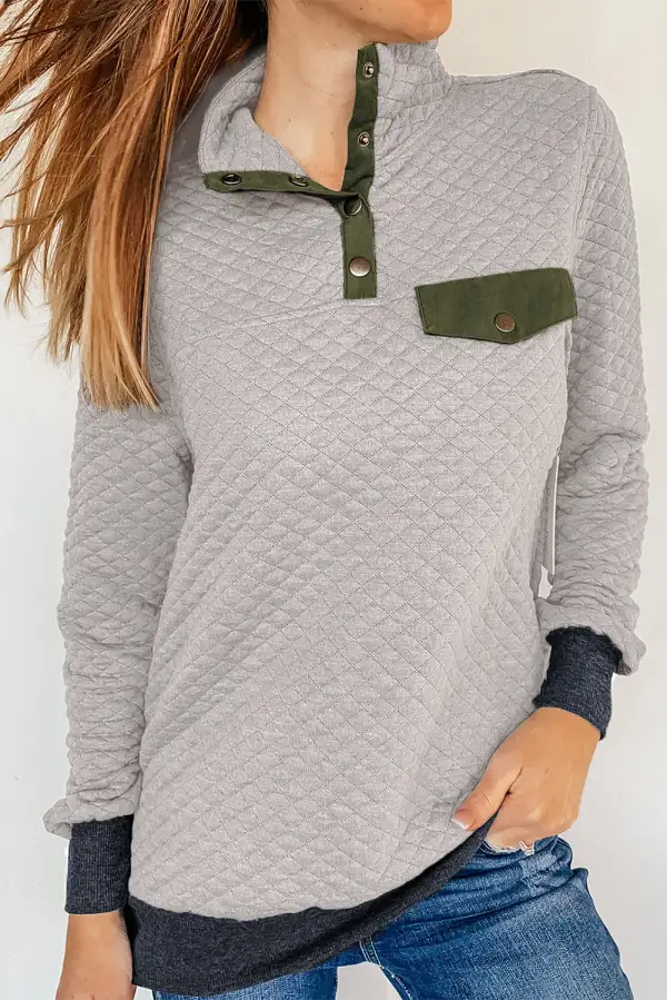 Quilted Snaps Stand Neck Fake Front Pocket Sweatshirt