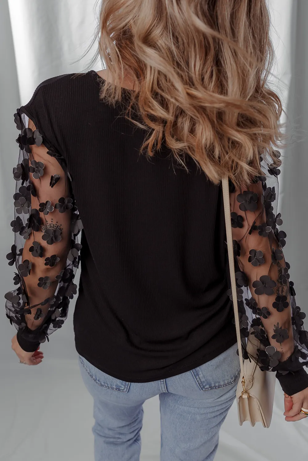 Black Flower Applique Mesh Long Sleeve Blouse
