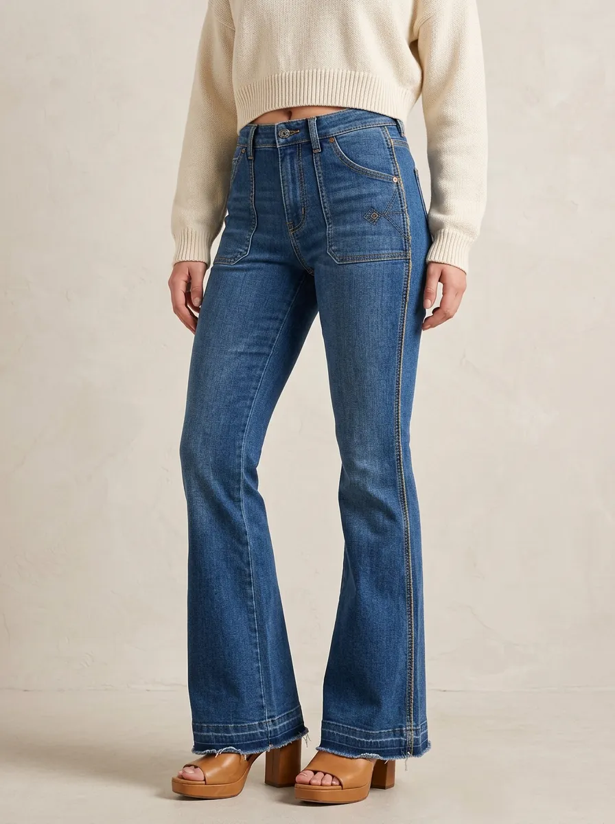 Women's Vintage Style High-Waisted Raw Hem Flared Denim Jeans