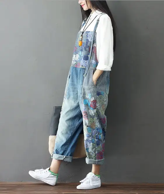 Wide Leg Jeans Full Length Loose Denim Overalls Washed