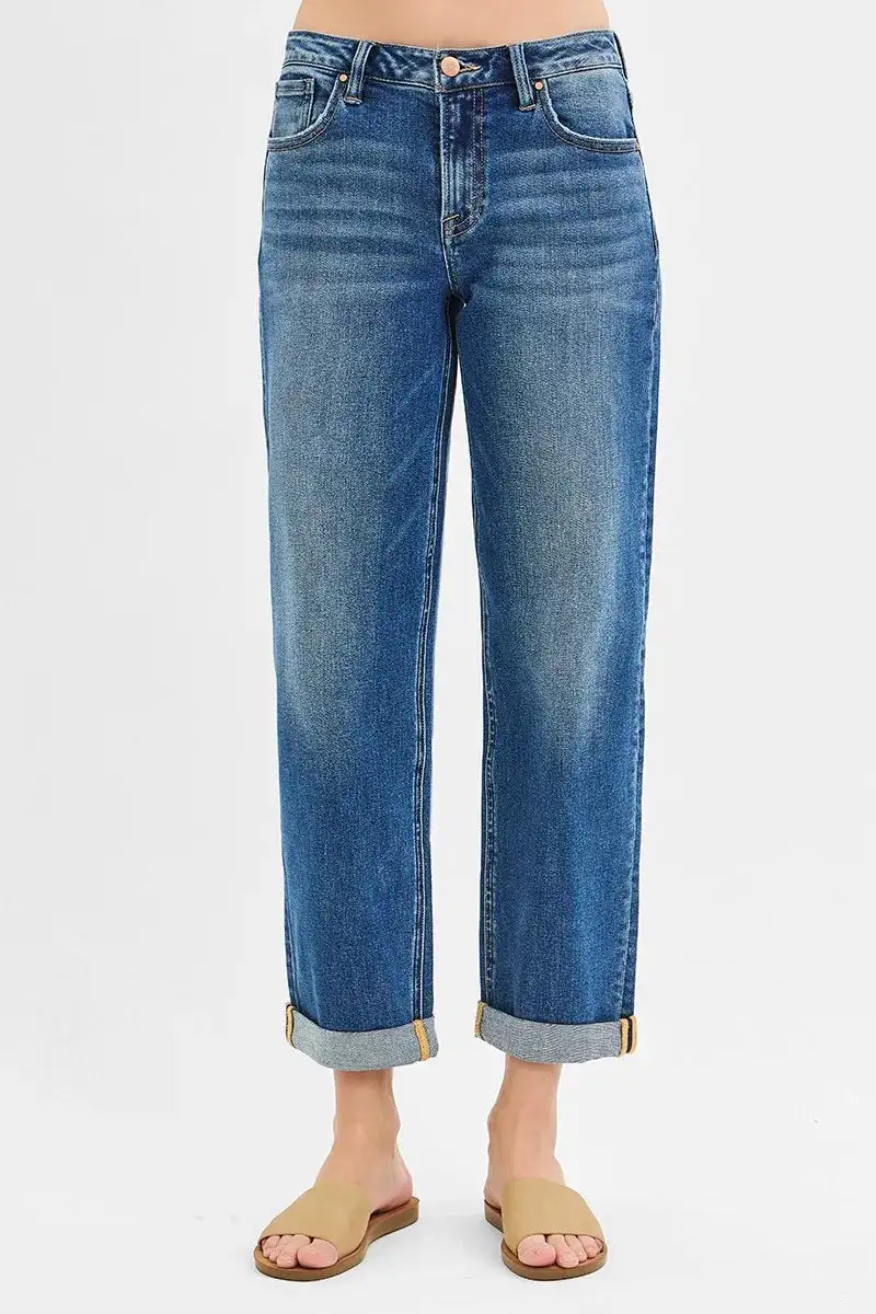 Mid Rise Cuffed Hem Straight Leg Jeans