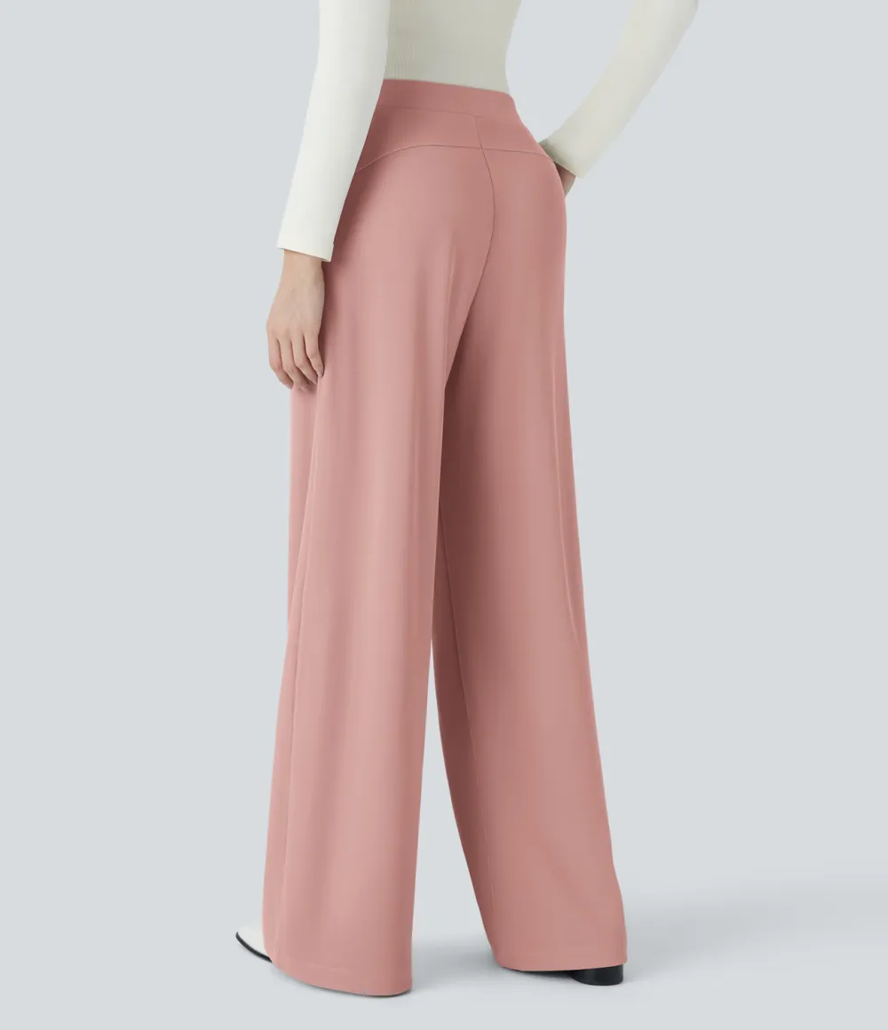  High Waisted Body Sculpt Waist-Slimming Side Pocket Wide Leg Micro Waffle Work Pants