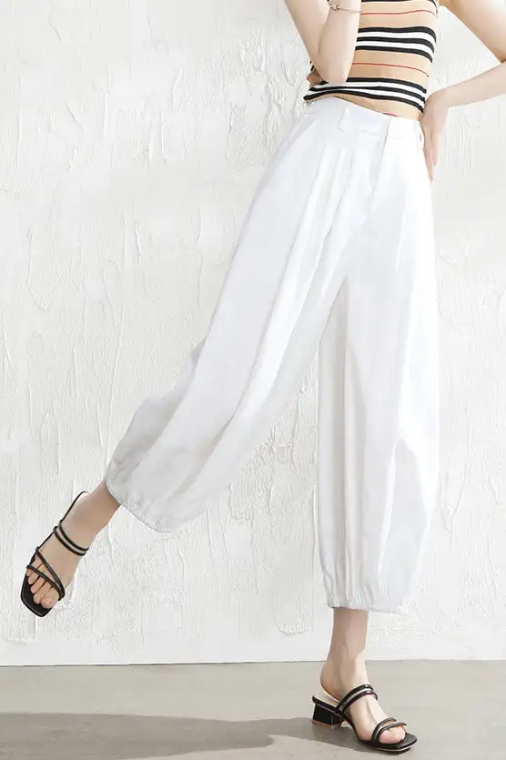Classic Linen Wide Leg Cropped Elastic Waist Pocketed Trousers