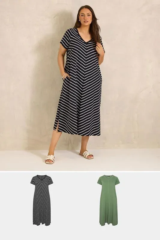 ESSENTIAL Curve 2 Pack Black & Khaki Green Cotton Dresses