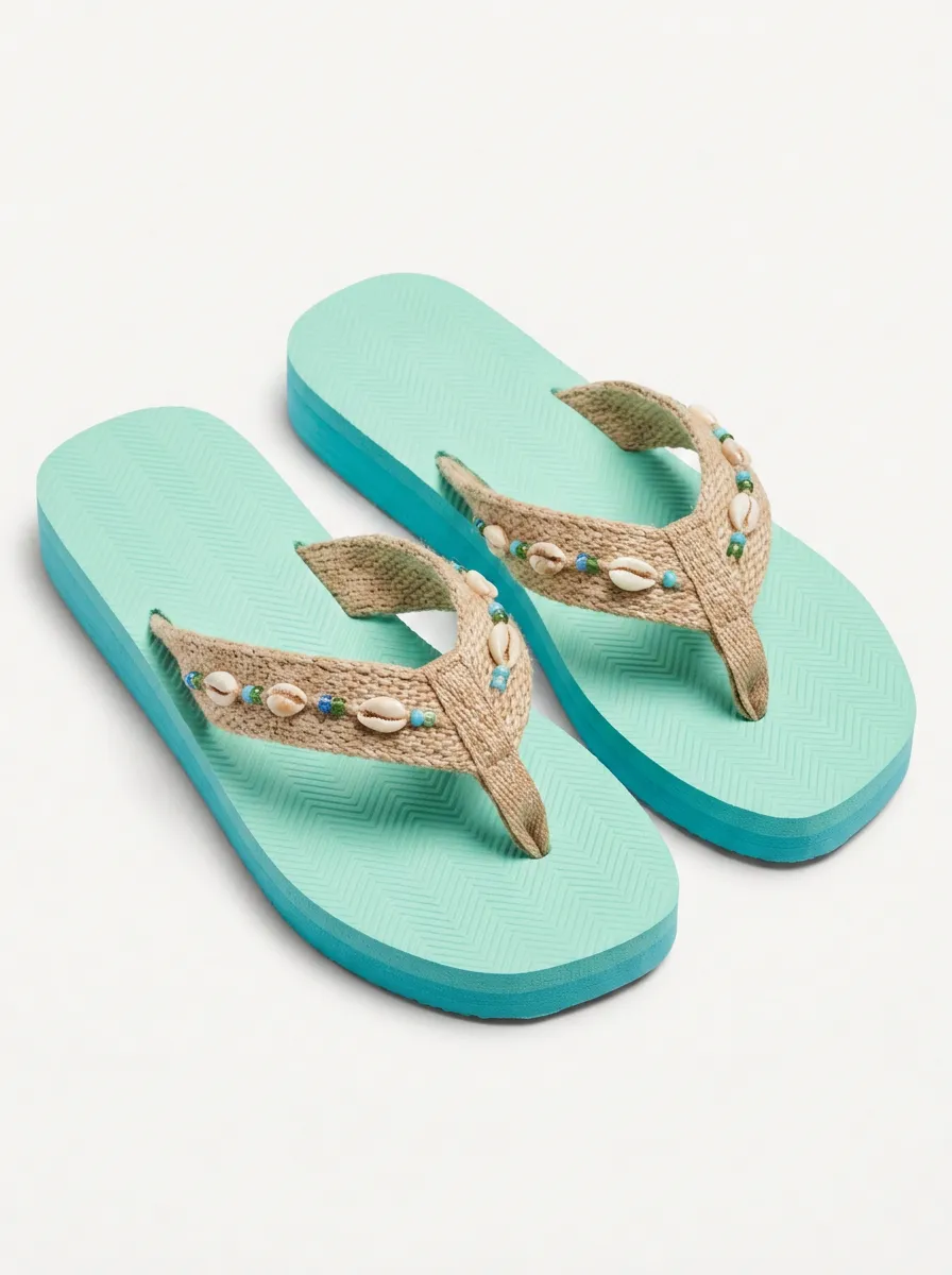 Women's Beach Summer Seashell Beaded Jute Strap Flip Flops