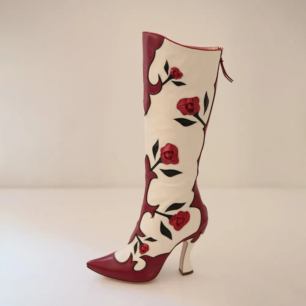 Faux-Leather Zip-Up Pointed-Toe Spool-Heel Knee-High Boots