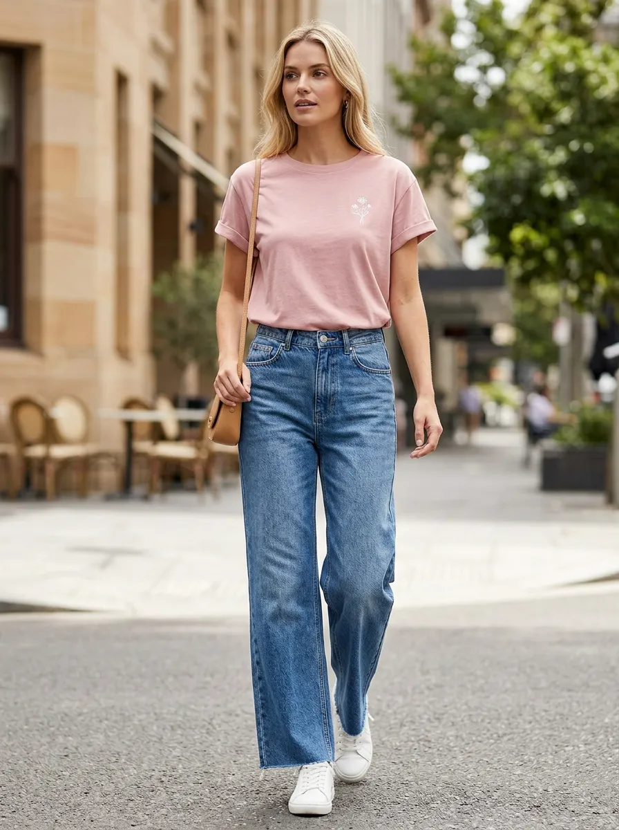 Women's Minimalist Floral Botanical Printed T-shirt and Jeans Set