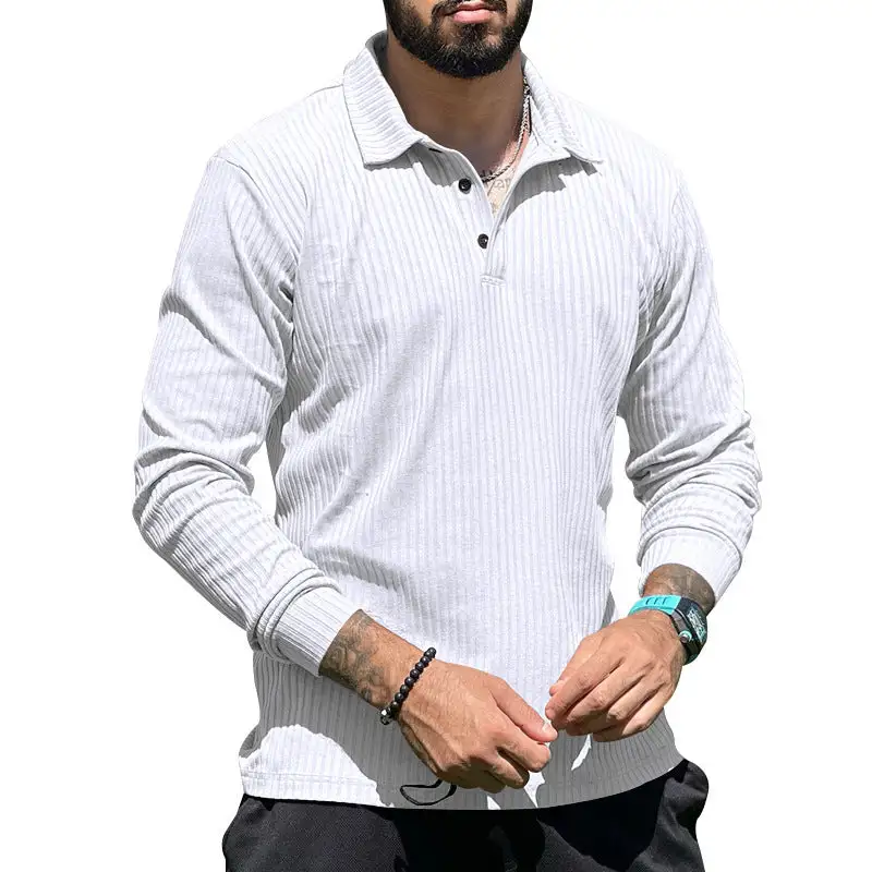 Streamlined Ribbed Button Placket Long Sleeve Fine Knit Polo Shirt