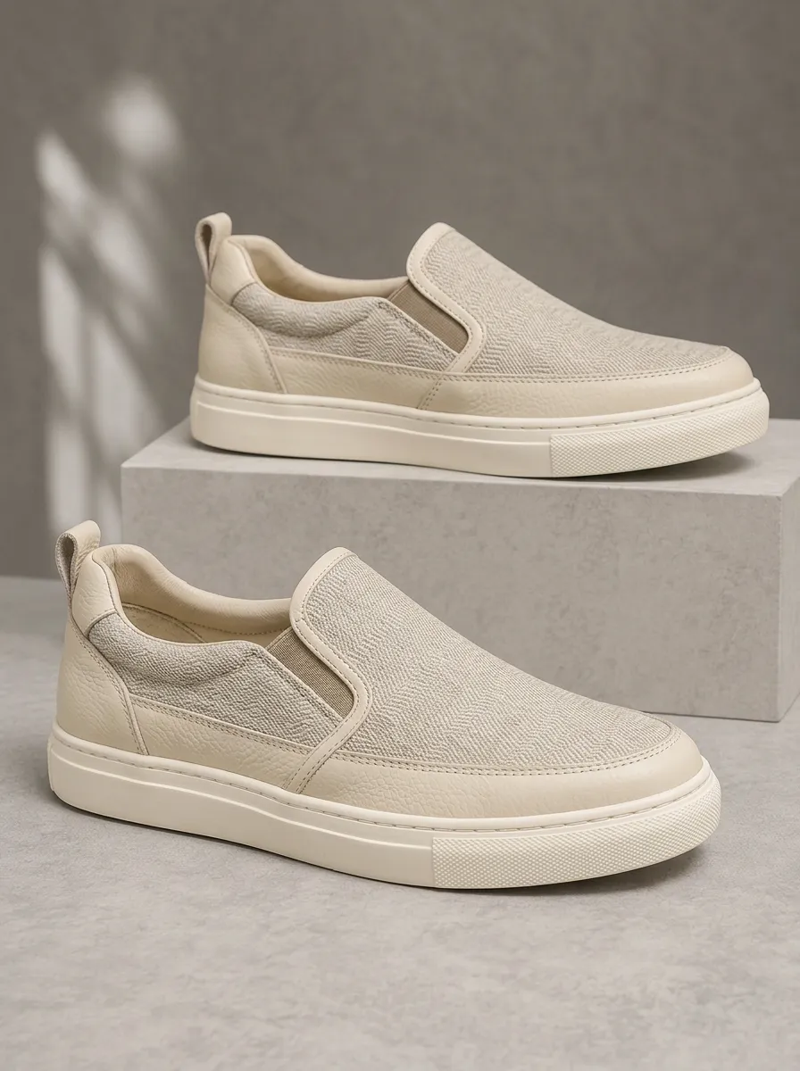 Men's Casual Beige Herringbone Pattern Printed Slip-on Shoes