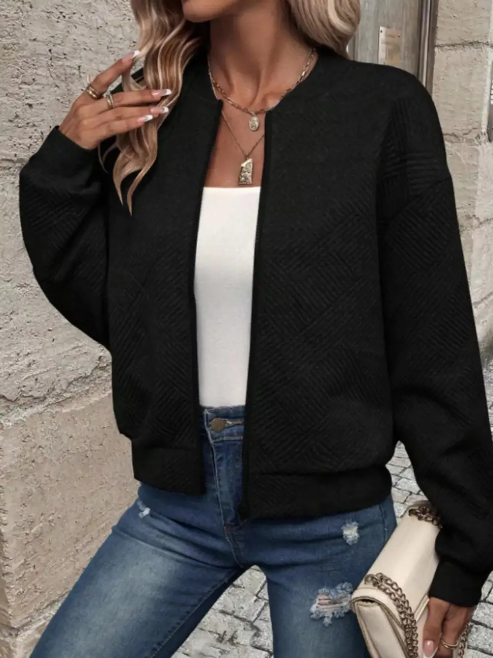 Textured Knit Zip-up Bomber Jacket