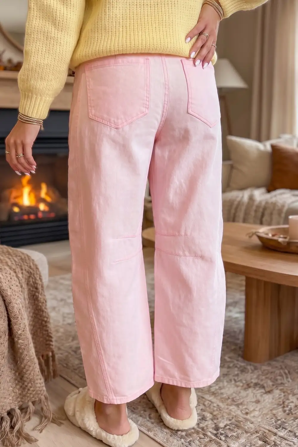 Women's Solid Grommet Detail Knot Waist Barrel Jeans