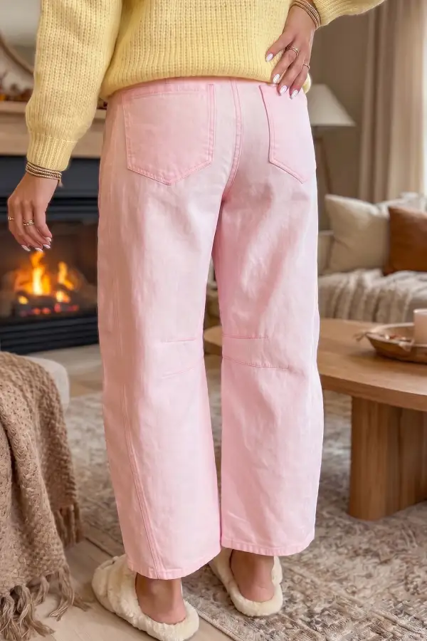 Women's Solid Grommet Detail Knot Waist Barrel Jeans