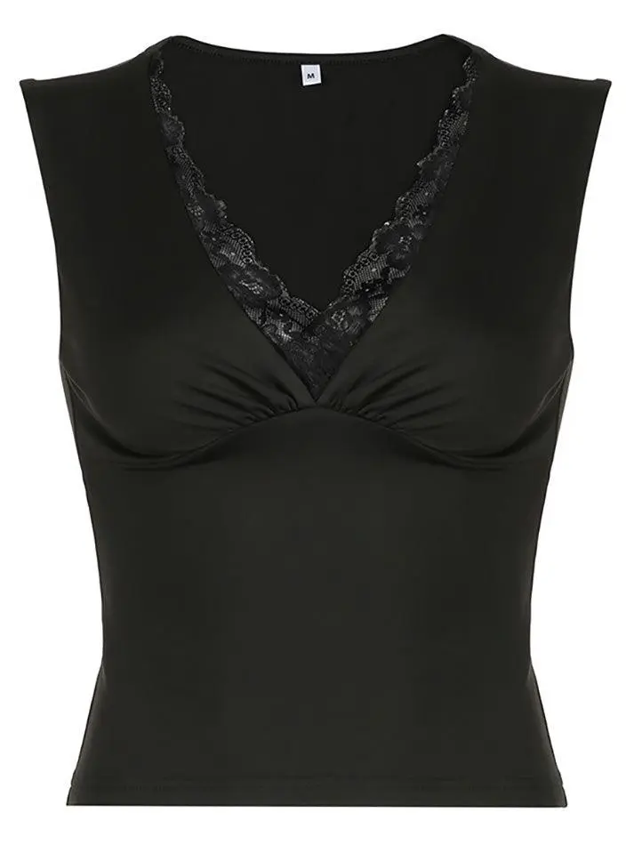 V-Neck Ruched Lace Slim-Fit Tank Top