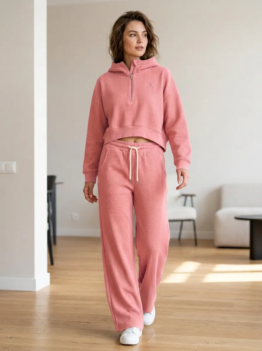 Women's Minimalist Logo Waffle Knit Quarter-Zip Hooded Tracksuit