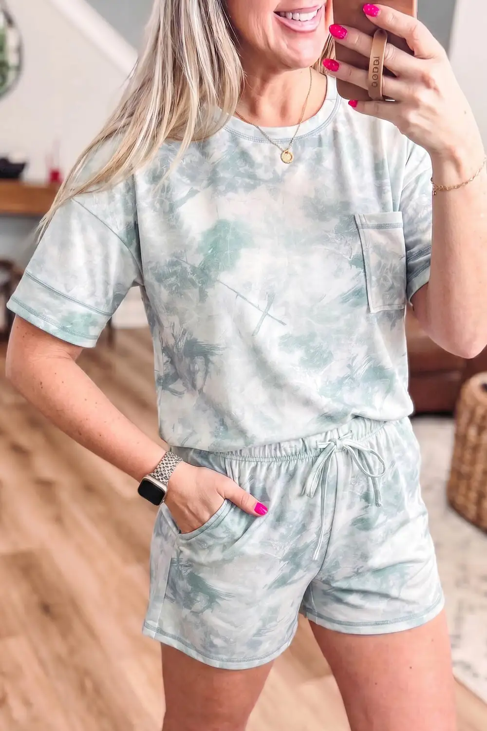 Women's Casual Camouflage Short Sleeve Elastic Waist Two Piece Set