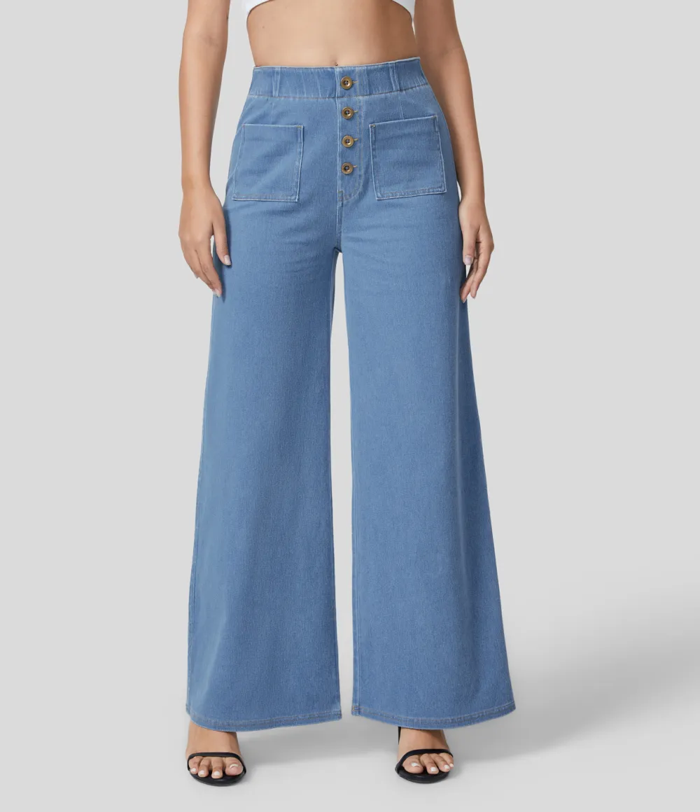Magic High Waisted Button Multiple Pockets Washed Stretchy Knit Casual Wide Leg Full Length Jeans