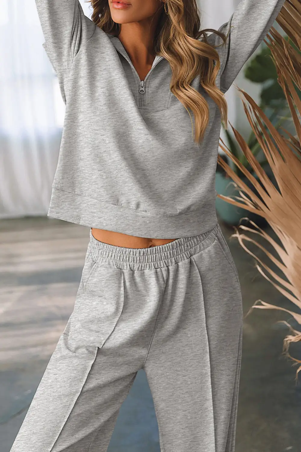 Women's Solid Zip Sailor Collar Pullover Athleisure Sweatpants Two Piece Set