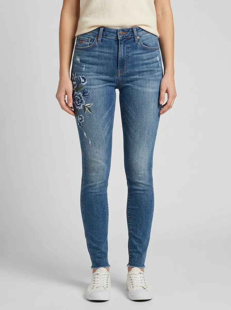 Women's Ridge Floral Blue Flower Embroidered Slim Jeans