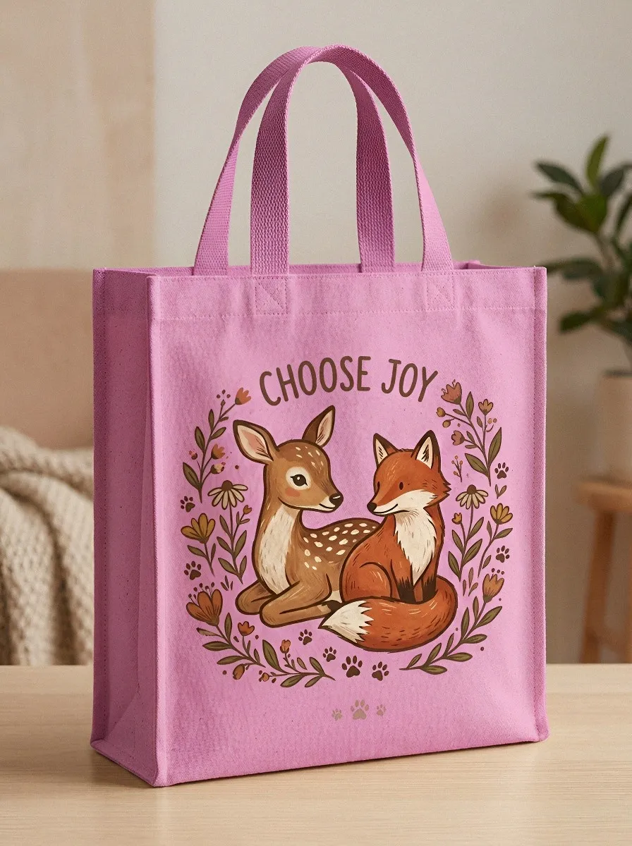 Nature Lover Deer Fox Choose Joy Printed Tote Bag