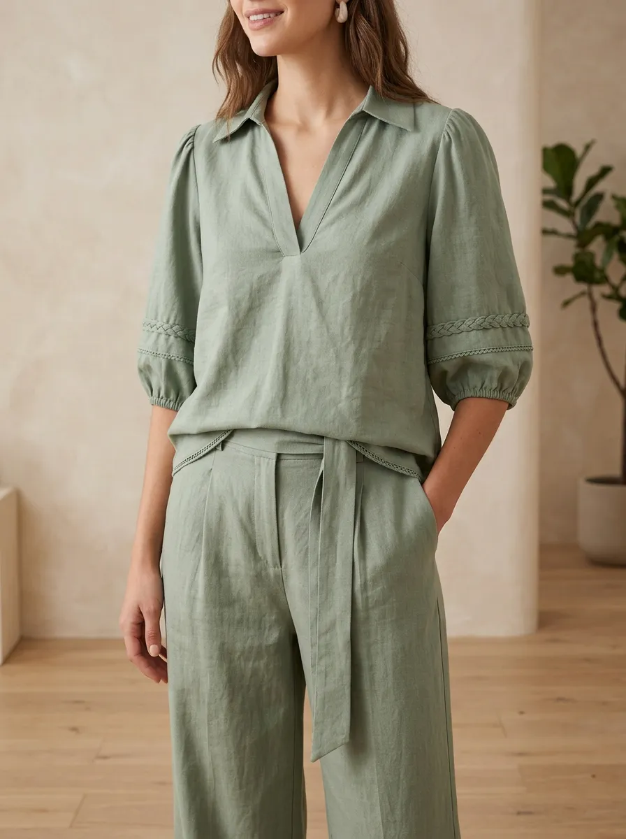 Puff-Sleeve Short-Sleeve Tie-Waist Women's V-Neck Blouse