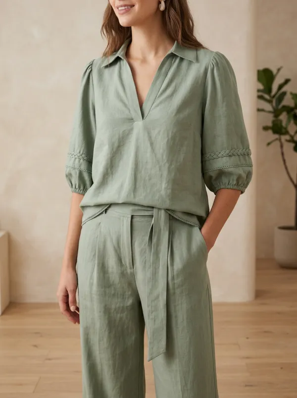 Puff-Sleeve Short-Sleeve Tie-Waist Women's V-Neck Blouse