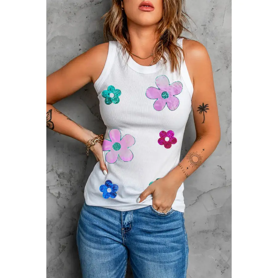 Sequin Flower Round Neck Tank