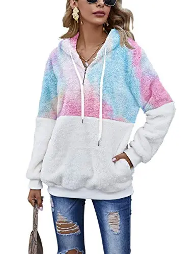 Women Casual Double Fuzzy Sweatshirt Faux Fleece Zip Pullover Hoodies Coat Outwear S-XXL