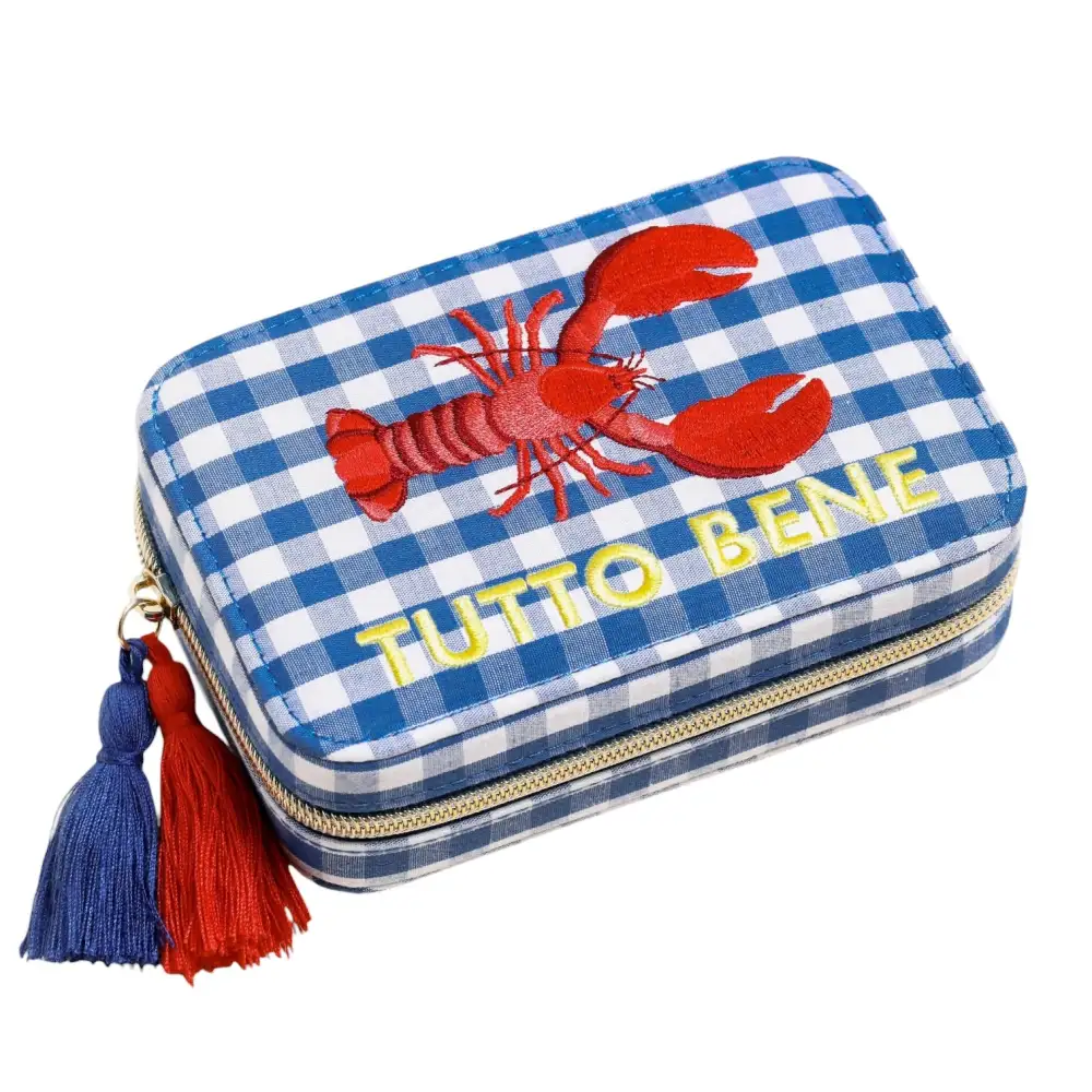 Blue Gingham Lobster Travel Jewelry Case